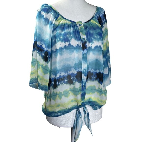 A Byer Womens Blouse Size M Blue Green Watercolor Tie-Front Sheer Open Sleeves - Picture 2 of 10
